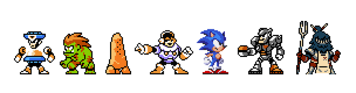 From left to right: Sand Man (Mega Man-style original), Blanka (Street Fighter) in Mega Man style, Septalith (original), Heights Man (OC by Bukie), Sonic (the Hedgehog), Junk Man (Mega Man), Roast Knight (Shovel Knight-style original)