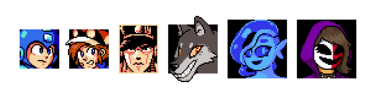 From left to right: Mega Man (optimized for NES hardware limitations), Thursday (OC by Sethery), Jotaro Kujo (JJBA), and OCs by SupehSoph, Protty and Ms. Perci respectively