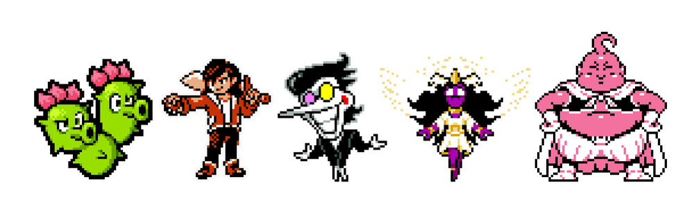 From left to right: Prickly Pair (Plants vs. Zombies-style original), Aurelia (OC by Aurelia) in Pokemon GSC style, Spamton (Deltarune), Zoray (OC by Pyroshi), Buu (Dragon Ball Z)